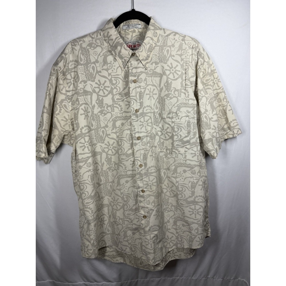 Vintage 90s The Sports Authority Button Up Shirt XL Gray Tribal Abstract Print